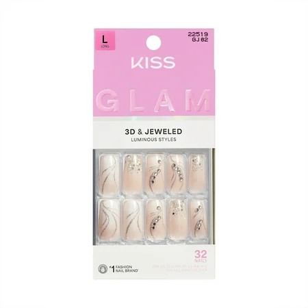 KISS GLAM 3D & Jeweled Press On Nails ‘Wrapped in Beauty’ Neutral Long Square 32 Count | Walmart (US)
