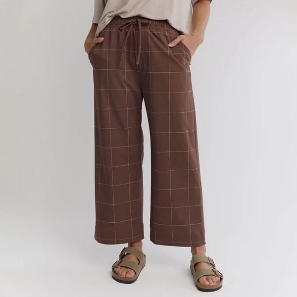 Audrey Mid Rise Wide Leg Pants, Brown/Cream Windowpane | Albion Fit