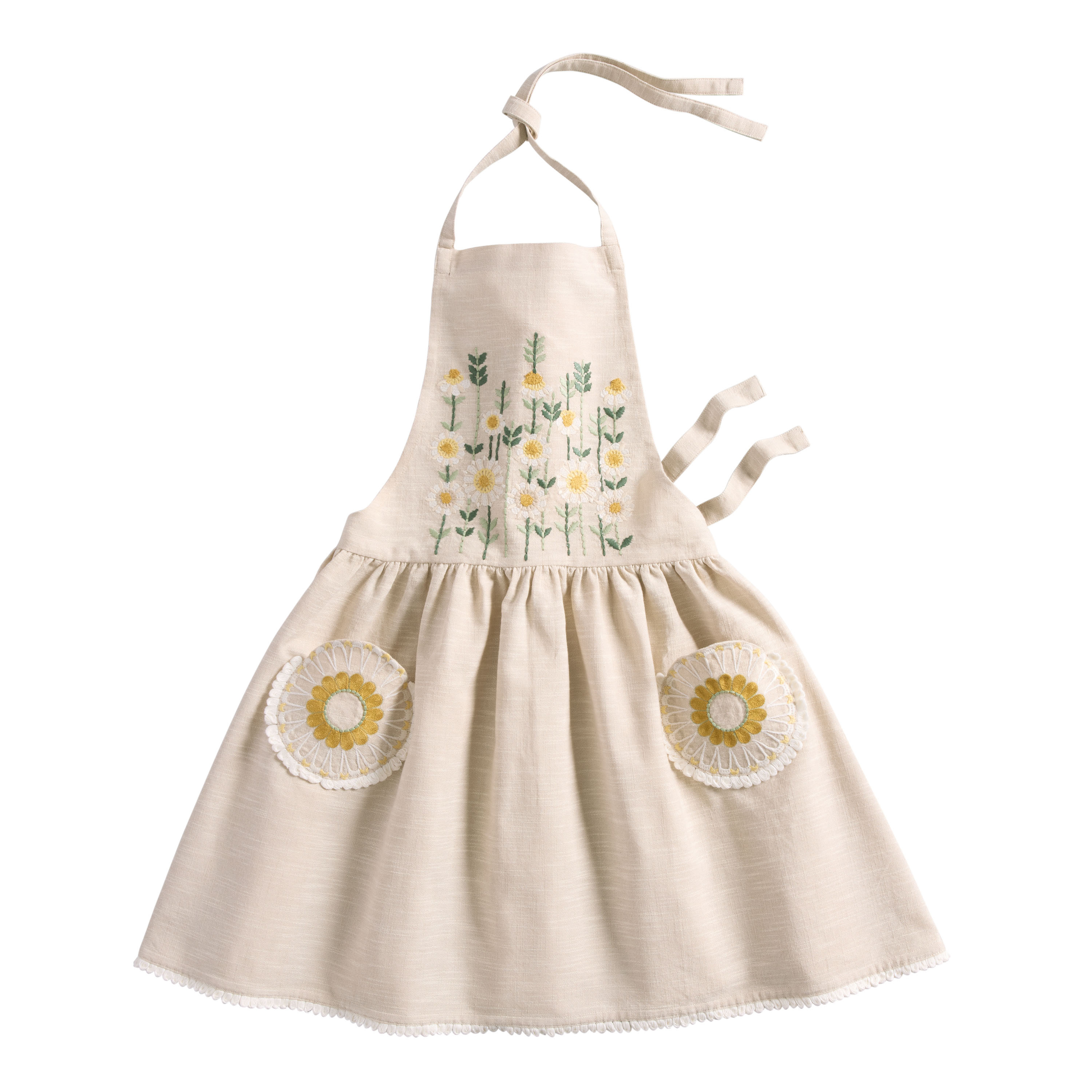 Heathered Oatmeal Daisy Embroidered Apron | World Market