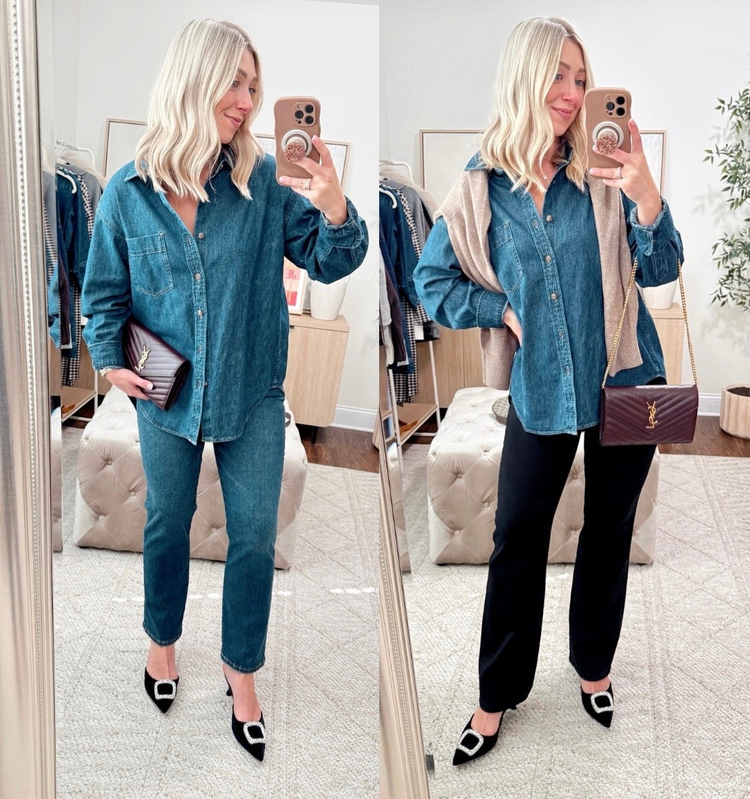 On a “find new denim”👖 quest and I love these pairs I recently got to wear with oversized tops/sweaters! 🫶🏻 Most of my straight leg jeans have holes in them and that’s just not the vibe anymore! 😜 Sharing them on in stories and you can shop them via the 🔗 in my bio! 💁🏼‍♀️

•Good American jeans (size up if in between/hippy—wearing size medium and I’m a size 4)
•Black jeans run TTS!
•Denim Shirt —Dark Blue: 
Bleu In The Dark

Denim, straight leg jeans, fall outfits, petite denim 

#LTKPetite #LTKSaleAlert #LTKHoliday