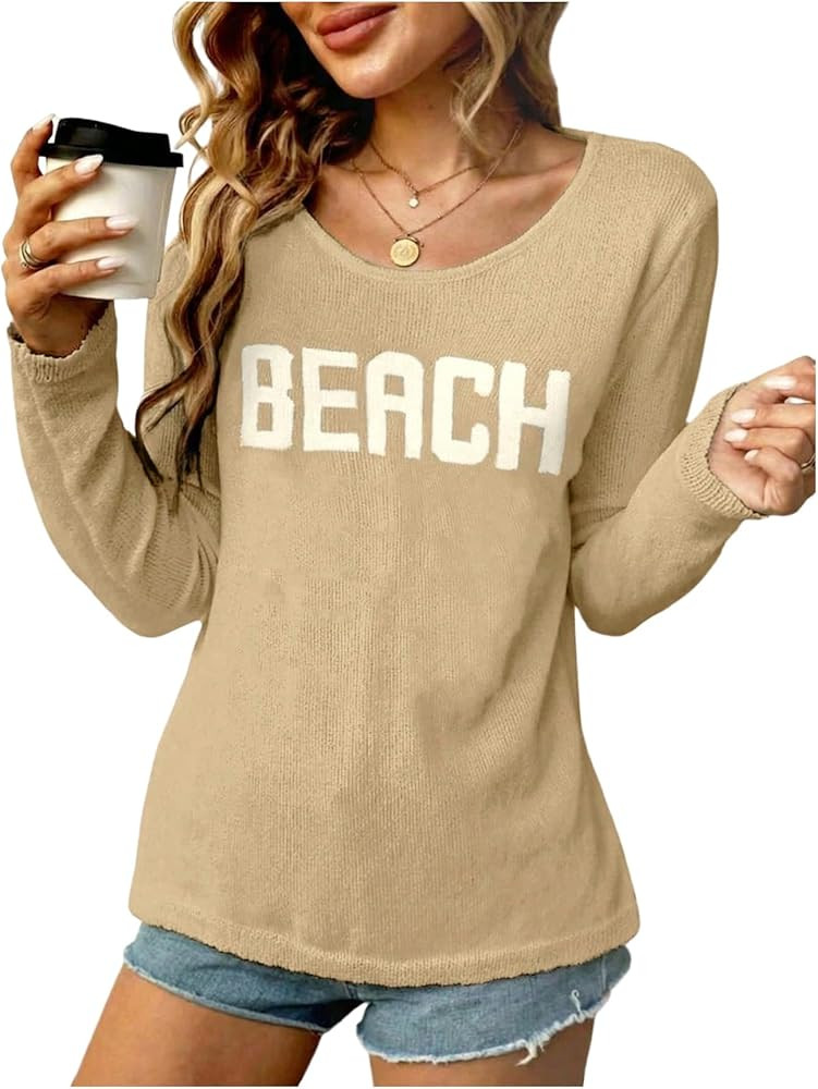 COZYEASE Women's Beach Cover Up Letter Print Long Sleeve Sweater Crew Neck Split Hem Crochet Jump... | Amazon (US)