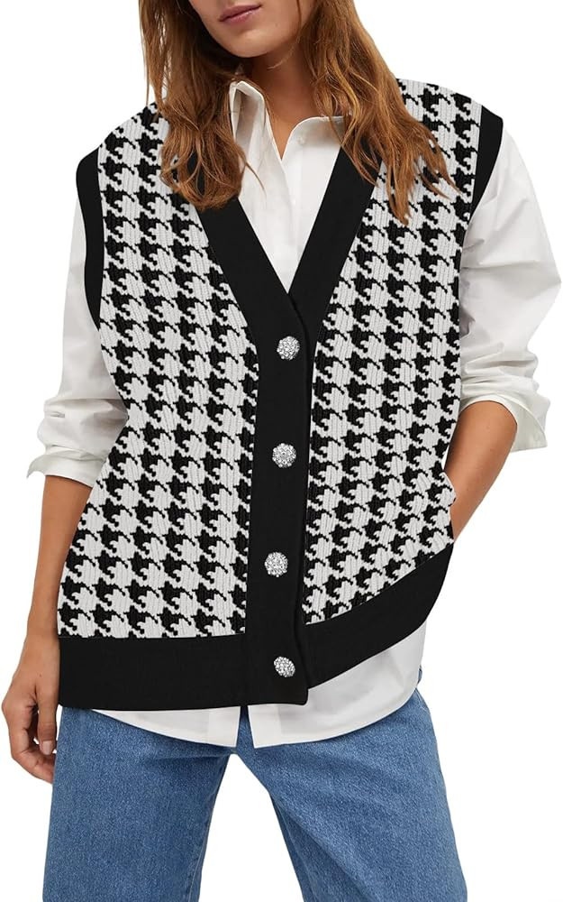 Viottiset Women's Oversized Houndstooth Sweater Vest V Neck Button Sleeveless Knit Cardigan | Amazon (US)
