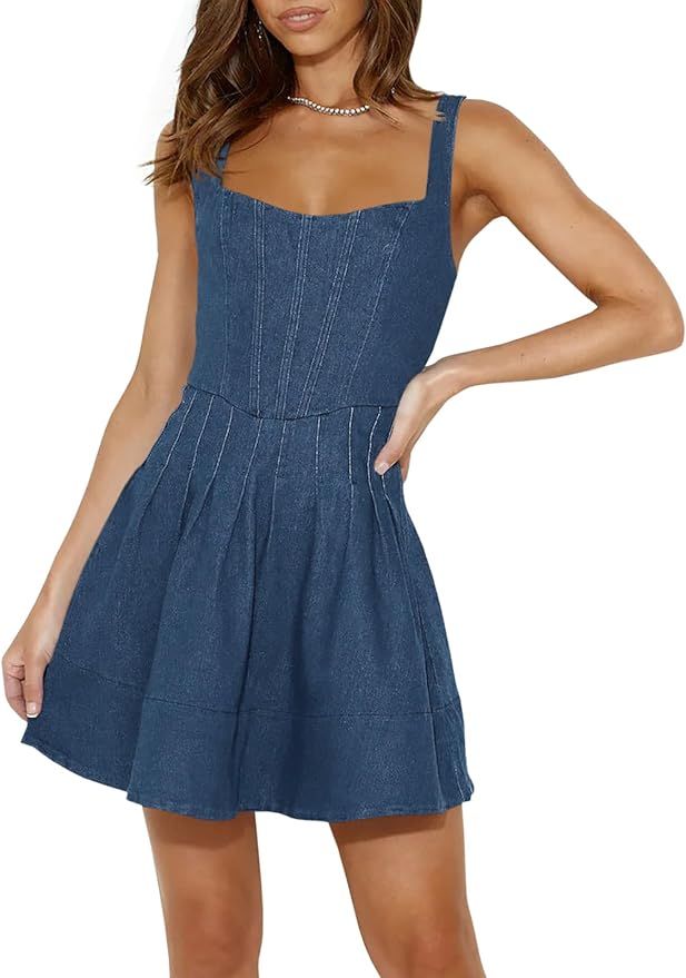 Wenrine Women's Summer Tank Denim Mini Dress Casual Sweetheart Neck Adjustable Strap A Line Jean ... | Amazon (US)