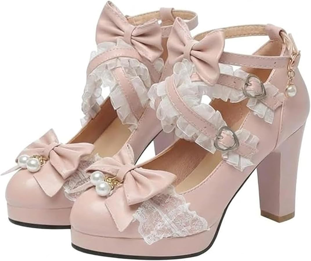 Women's Kawaii Lolita Platform Heels, Lolita Mary Jane Shoes, Sweet Lace Bow & Pearl Gothic Coque... | Amazon (US)