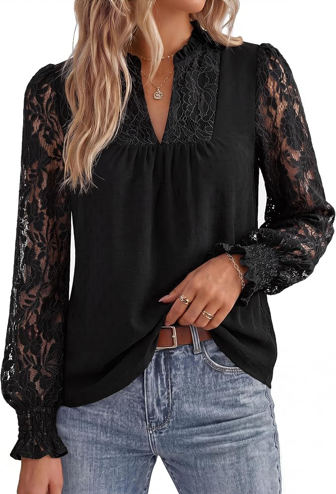 GRACE KARIN Womens Lace Long Sleeve Tops Fall 2026 Dressy Casual Western Blouses Flowy V Neck Dre... | Amazon (US)