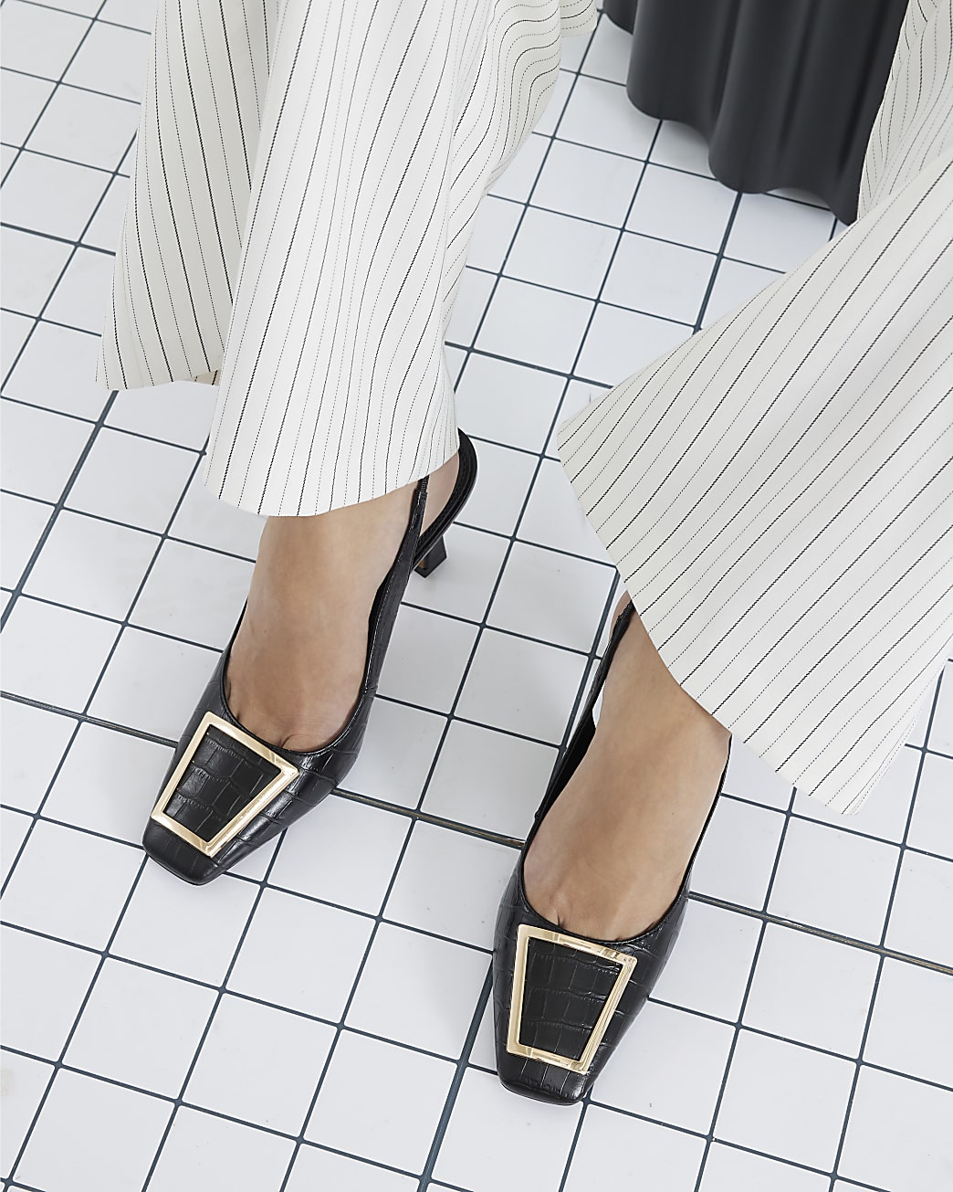 Black Slingback Croc Court Heels | River Island UK & IE
