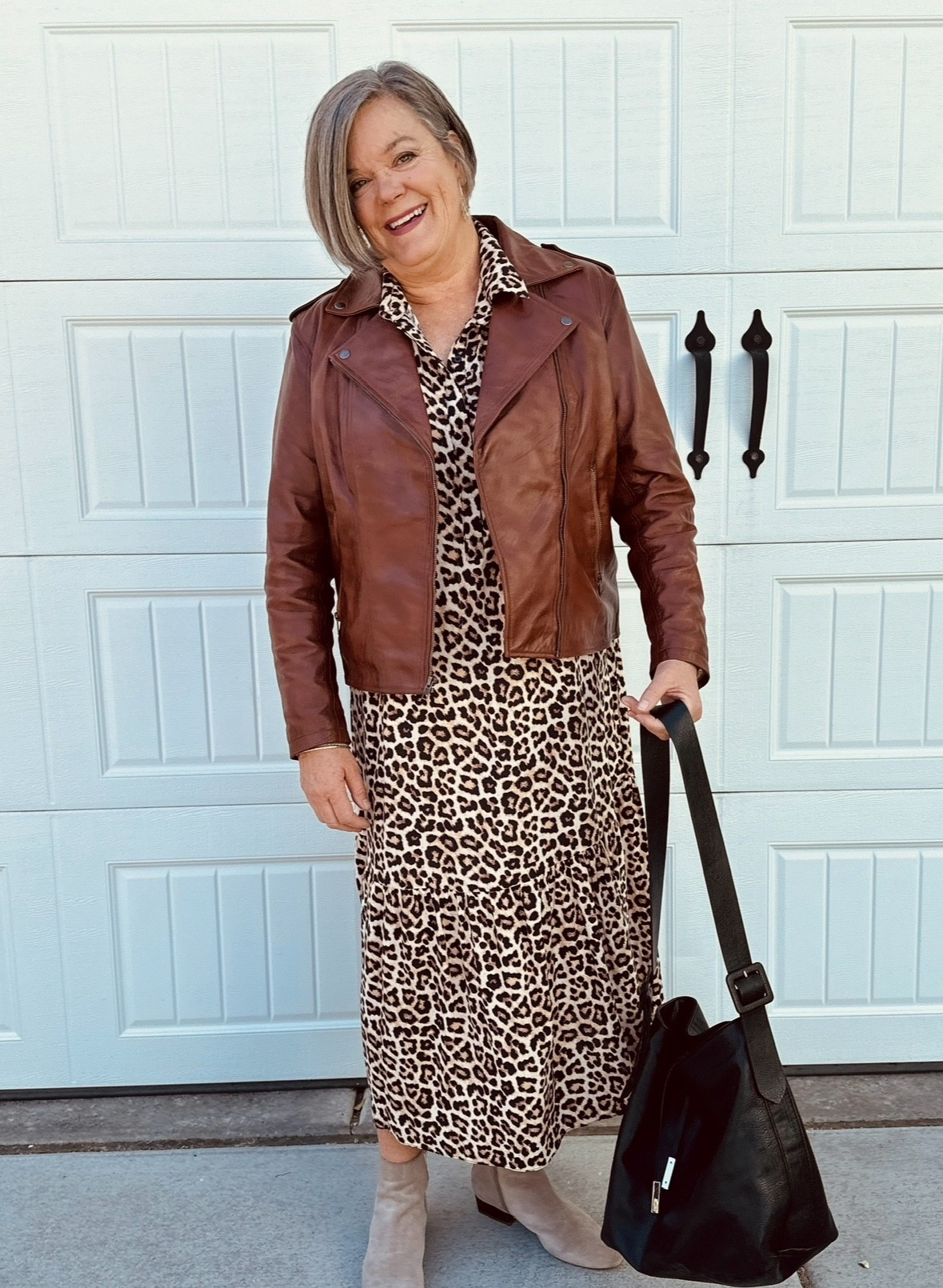 Cheetah dress with leather biker jacket! Such a fun look for any age. 
#cheetah #leatherbikerjacket #midsize

#LTKgrwm #LTKdayinmylife