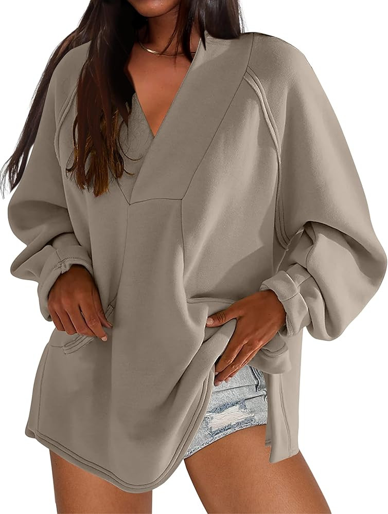 MISSACTIVER Women's Oversized Sweatshirts Dress Casual V Neck Long Sleeve Side Split Hem Fleece Pull | Amazon (US)