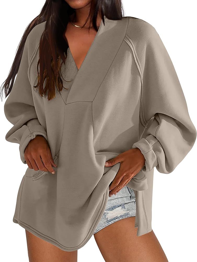 MISSACTIVER Women's Oversized Sweatshirts Dress Casual V Neck Long Sleeve Side Split Hem Fleece Pull | Amazon (US)