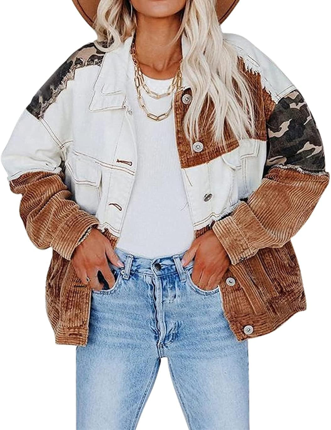 chouyatou Women's Contrast Camouflage Corduroy Loose Oversized Batwing Sleeve Ripped Casual Truck... | Amazon (US)