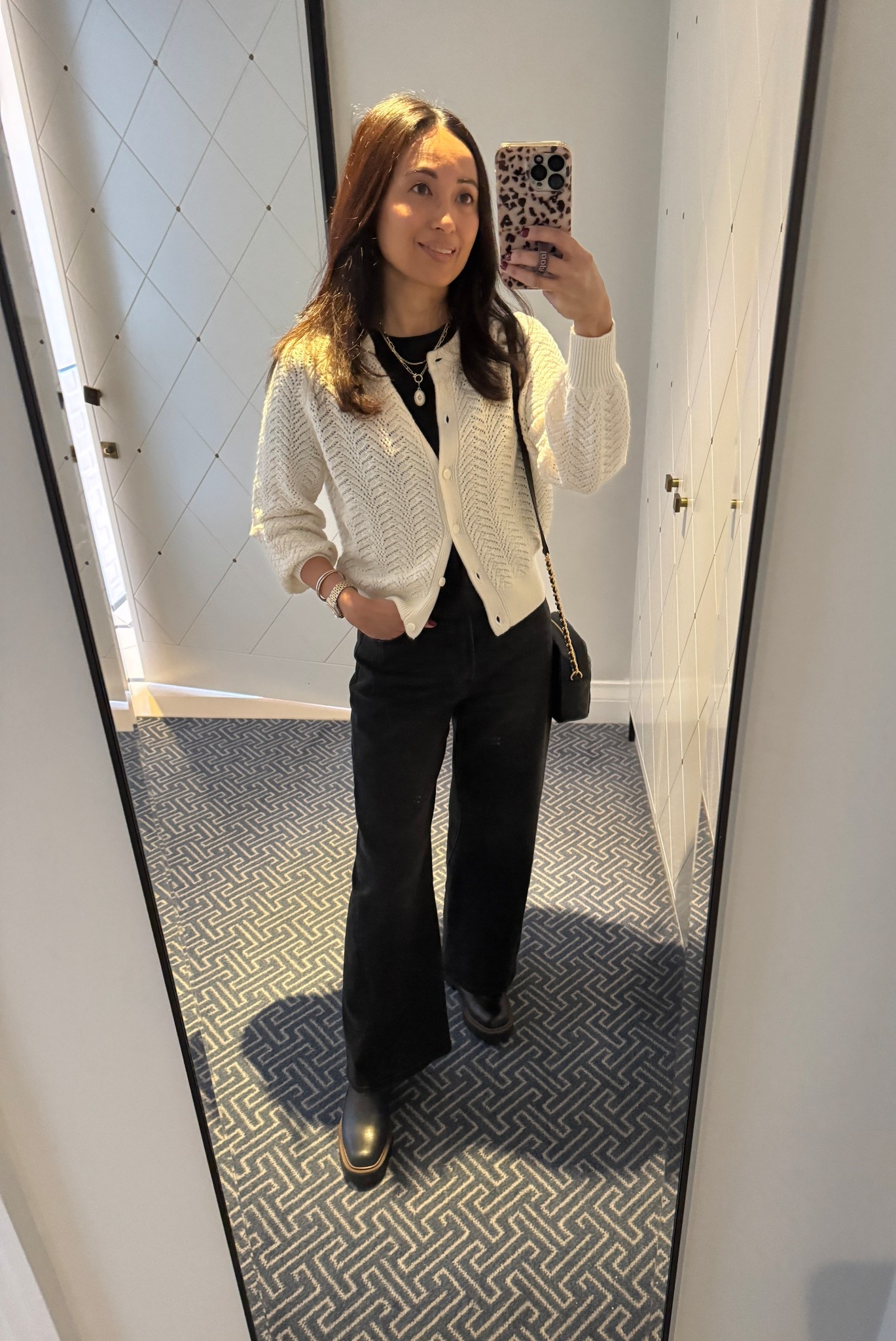 Winter outfit for sightseeing in London. 
Base layer good quality t-shirt. True to size. 
Feminine cardigan sweater. Linking similar. 
Black jeans that feel like a mix of wide leg and barrel. I sized up. 
Chelsea boots that are leather and waterproof. 
Charm necklace. Layering necklaces. 


#LTKTravel #LTKootd #LTKOver40