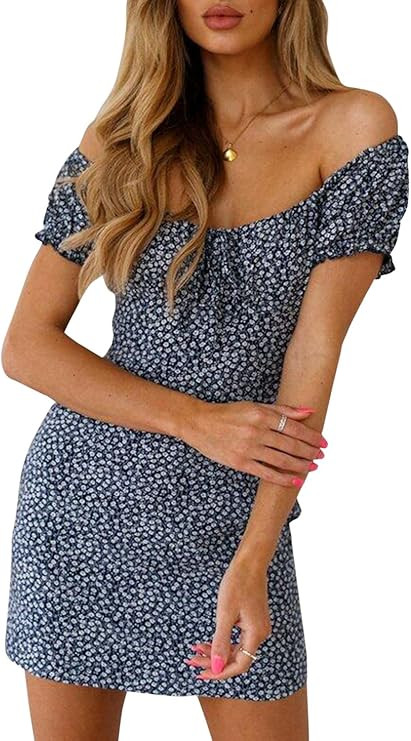BerryGo Women's Vintage Off Shoulder High Waist Floral Print Beach Mini Dress | Amazon (US)