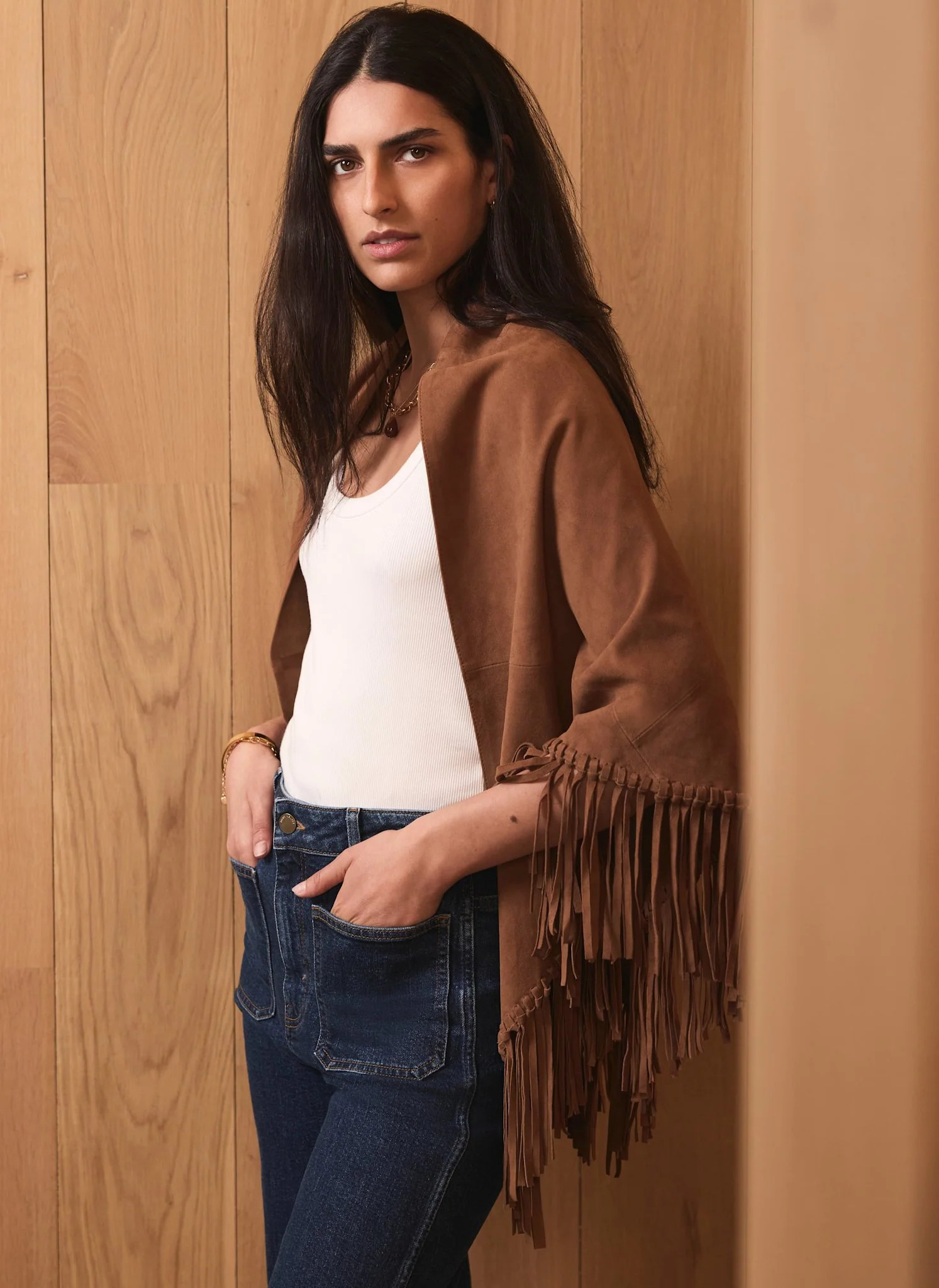 SHOP THE LOOKTan Suede Fringed Shawl£150.00Colour: TanChoose your sizeChoose your sizeADDAdd to ... | Mint Velvet