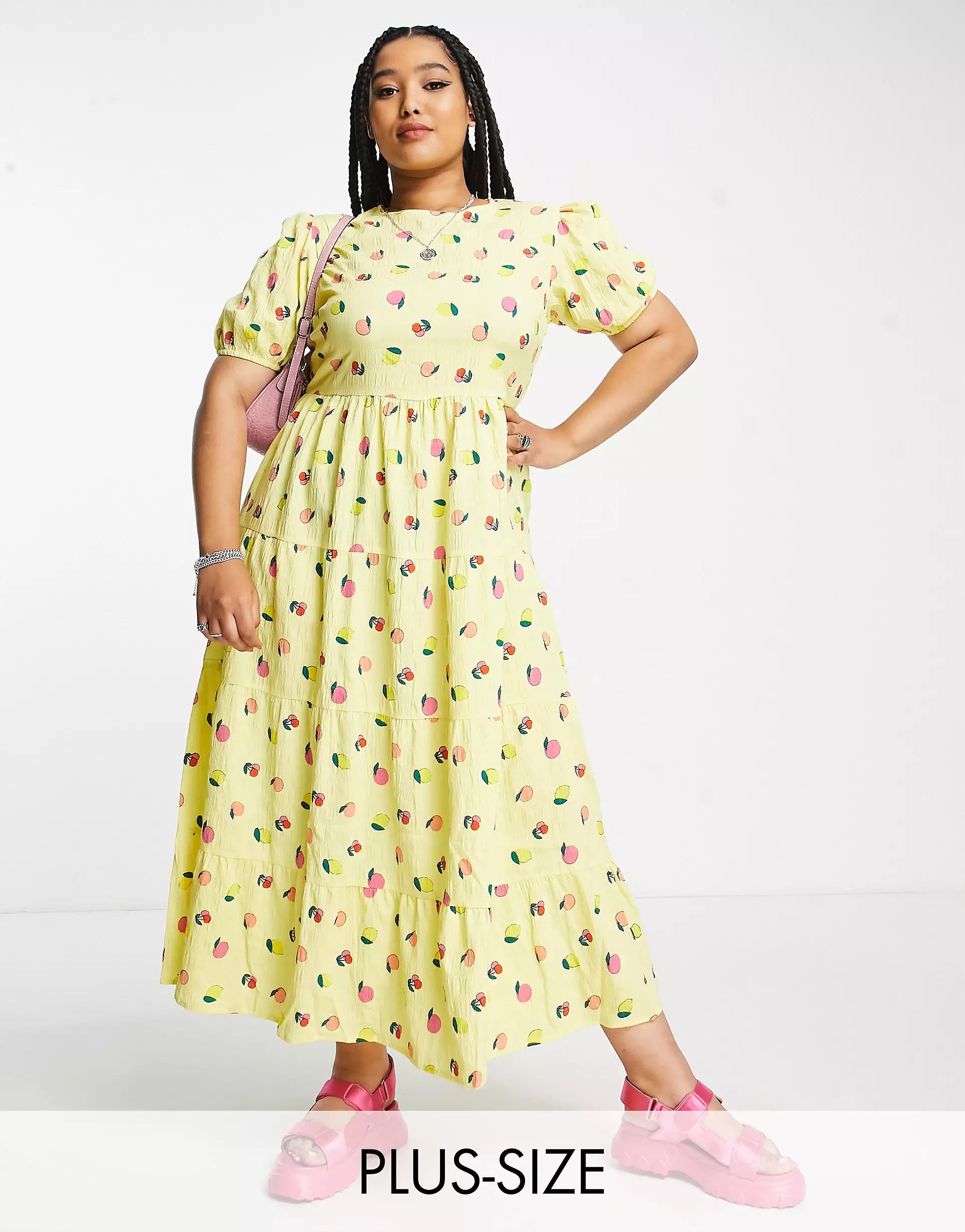 Neon Rose Plus open back midi tiered smock dress in lemon fruit print | ASOS (Global)