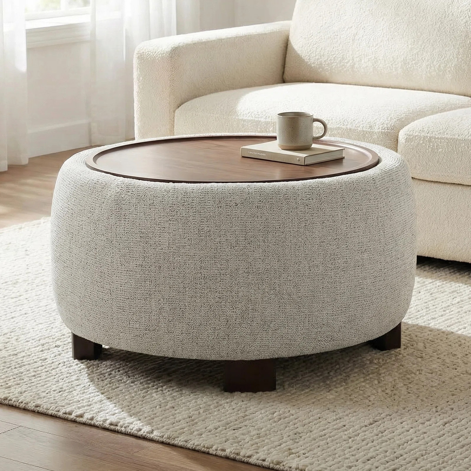 Upholstered Round Storage Ottoman with Wooden Tray | Wayfair North America
