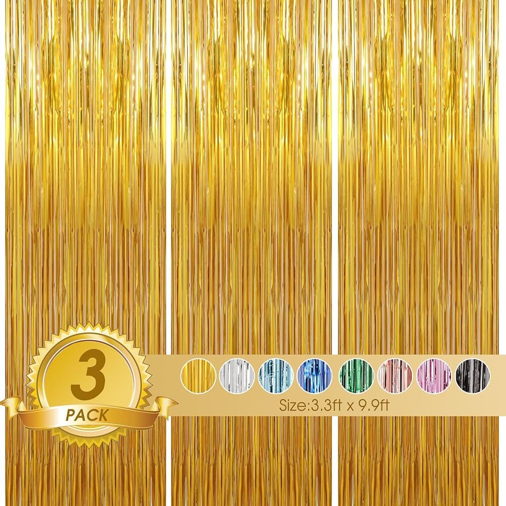 Birthday Party Decorations: 3 Pack 3.3 x 9.9 ft Gold Foil Fringe Curtains Party Supplies, Tinsel ... | Amazon (US)