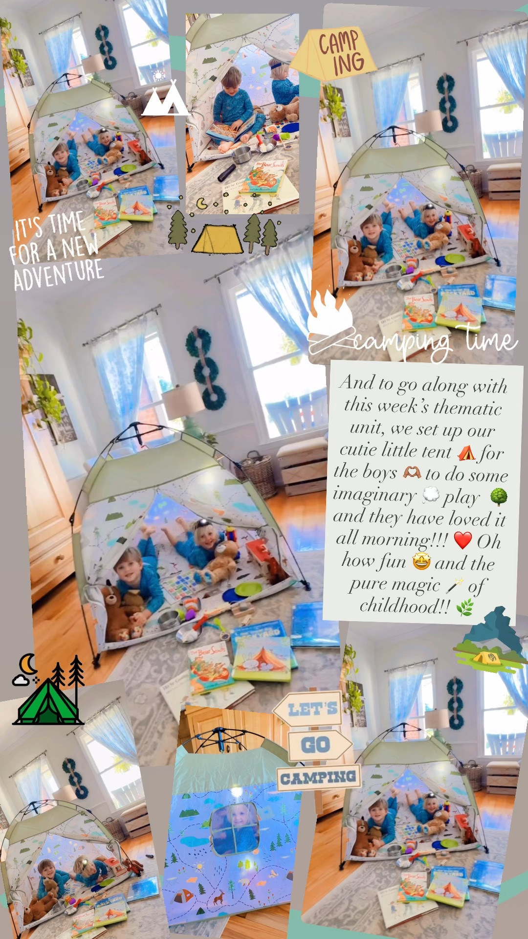 And to go along with this week’s thematic unit, we set up our cutie little tent ⛺️ for the boys 🫶🏽 to do some imaginary 💭 play  🌳 and they have loved it all morning!!! ❤️ Oh how fun 🤩 and the pure magic 🪄 of childhood!! 🌿