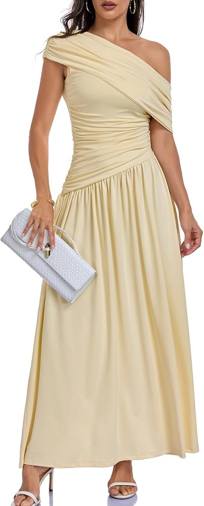 HOTIAN Women's Summer One Shoulder Ruched Maxi Dress Sleeveless Casual Slim A Line Swing Pleated ... | Amazon (US)