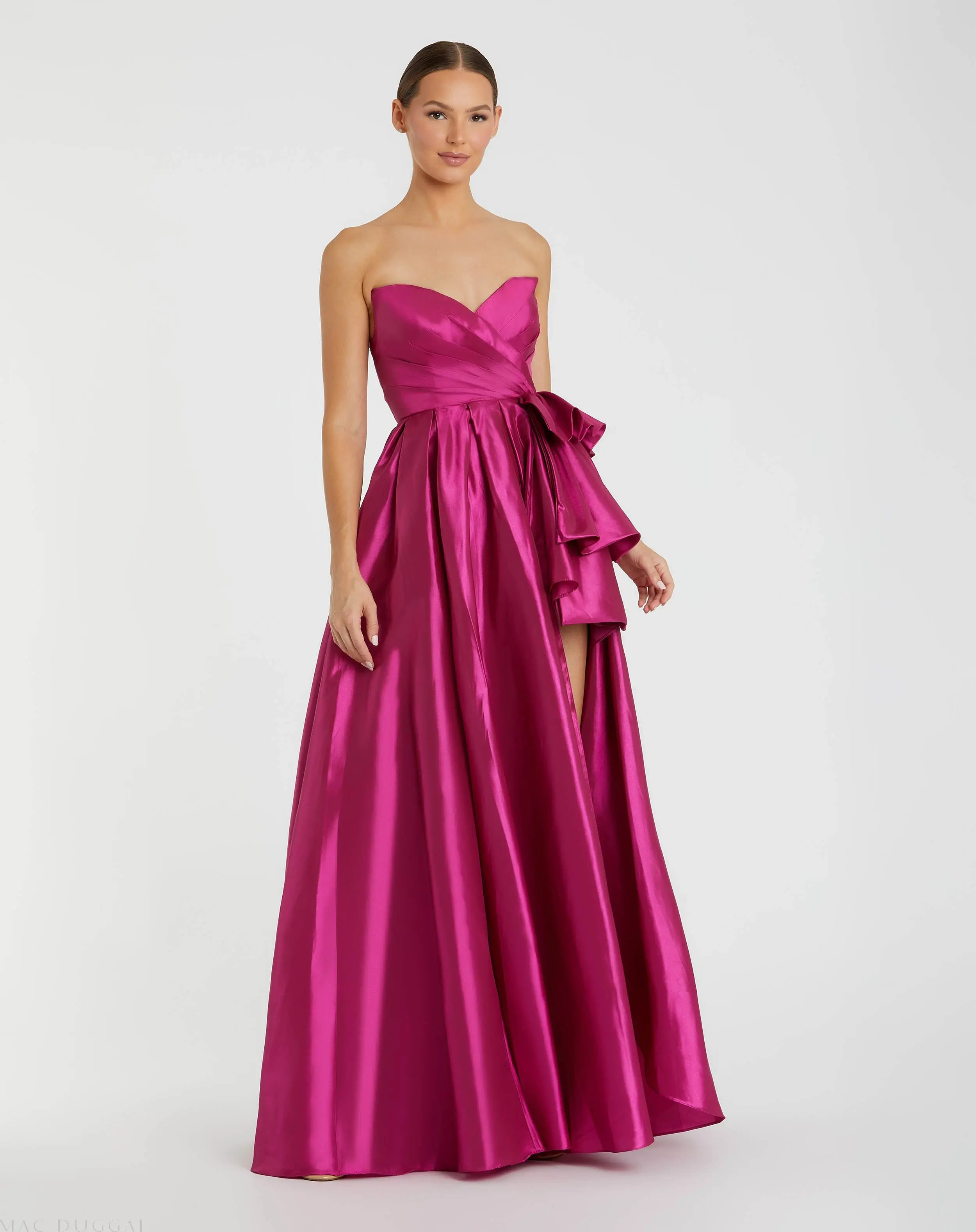 Pink Strapless Taffeta Gown with Ruffles and Slit | Mac Duggal | Mac Duggal
