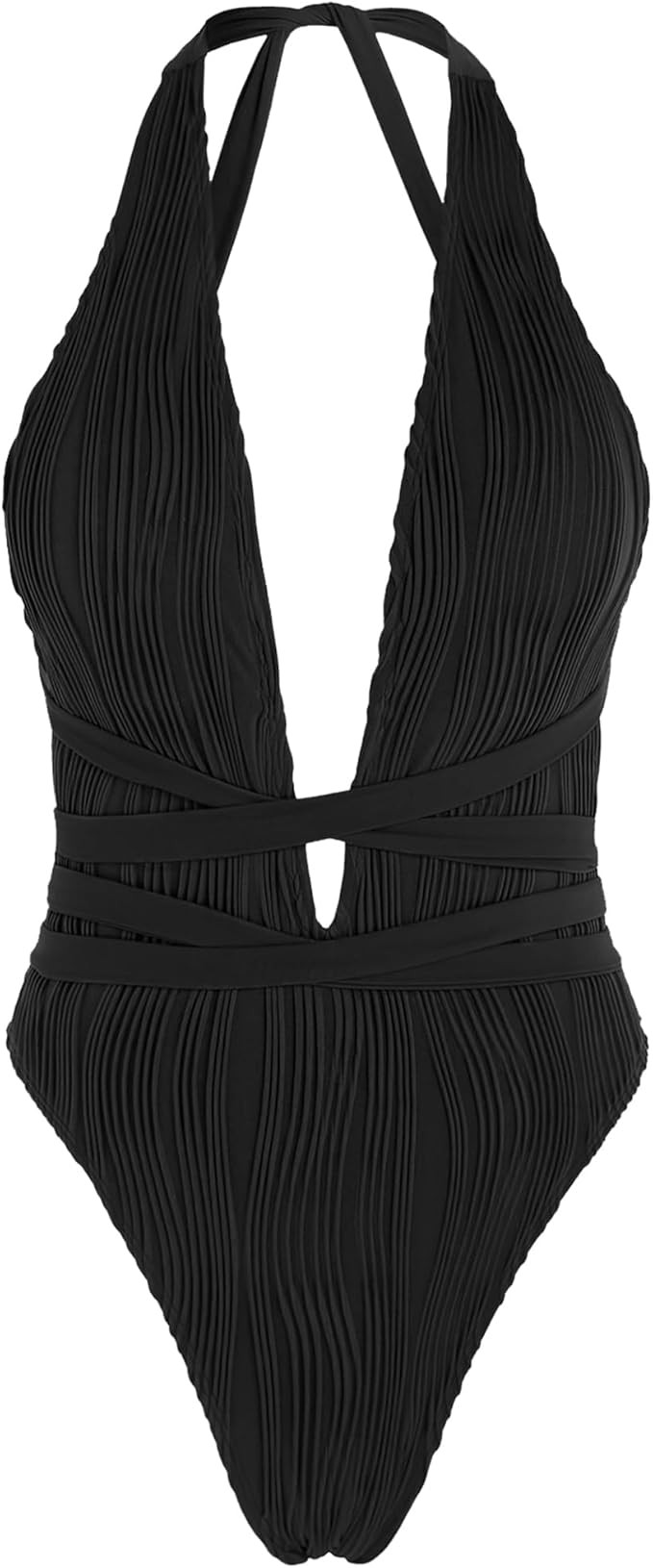 ZAFUL Women's One Piece Swimsuit Deep V Neck Ribbed Self Tie Sexy High Cut Bathing Suit Crisscros... | Amazon (US)