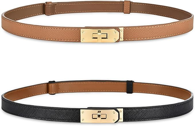 Women's Skinny Leather Belt with Adjustable Silver Turn-Lock Buckle - Ideal for Dresses, Jeans, a... | Amazon (US)
