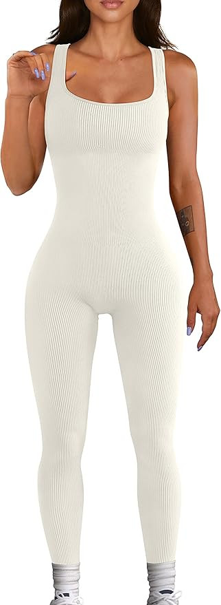 YIOIOIO Women Workout Seamless Jumpsuit Yoga Ribbed Bodycon One Piece Tank Top Leggings Romper | Amazon (US)