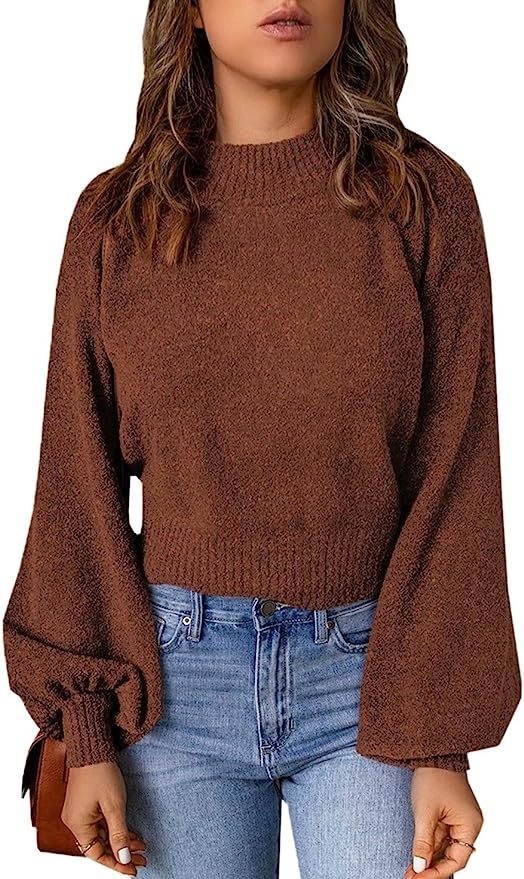 BLENCOT Women Lantern Long Sleeve Winter Sweater Pullover Fashion Solid Crew Neck Casual Sweater ... | Amazon (US)