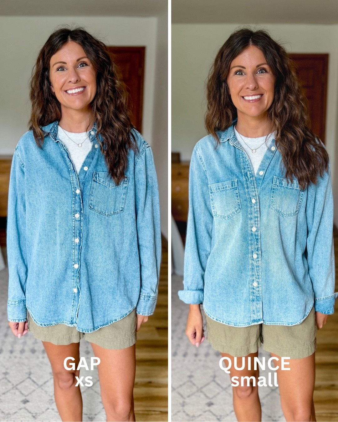 My two denim shirts: both 100% cotton and great quality. The Gap Factory one is more oversized (I wear xs) and more denim blue colored, the Quince once is more true-to-size (I wear small) and a lighter blue color (also comes in black denim and chambray). 

Both are great—just depends what you’re looking for!🤍

#LTKPetite #LTKSaleAlert #LTKootd