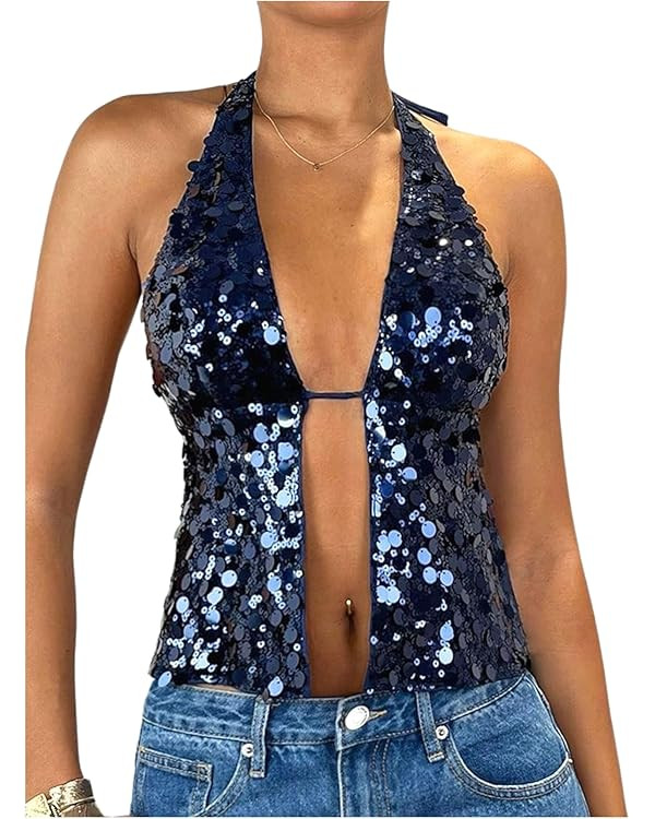 SOLY HUX Women's Sparkly Sequin Halter Tops Y2k Crop Top Night Out Party Outfits Streetwear | Amazon (US)