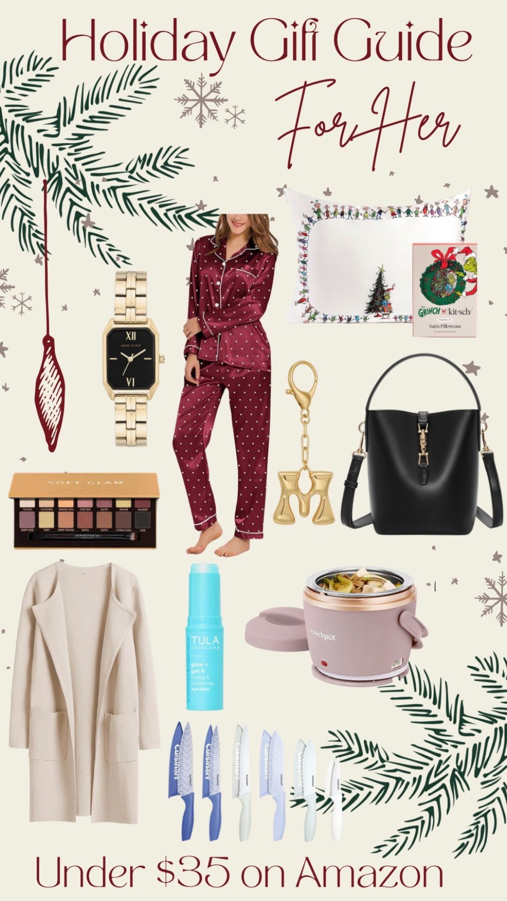 Gift guide for your mom sister friend or coworker all under $35! 

Gold watch, silk pajamas, kitsch silk pillow case, Anastasia glam eyeshadow , purse chain, vegan leather bag, coatigan, Tula eye balm, crockpot lunch holder, cuisinart designed knife set  

Amazon Black Friday | gift guide | gifts for her | Christmas | holiday guide 
Follow @mimipluswill for more! 