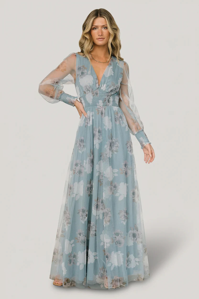 Layla Tulle Maxi Dress | Light Blue Floral | Baltic Born