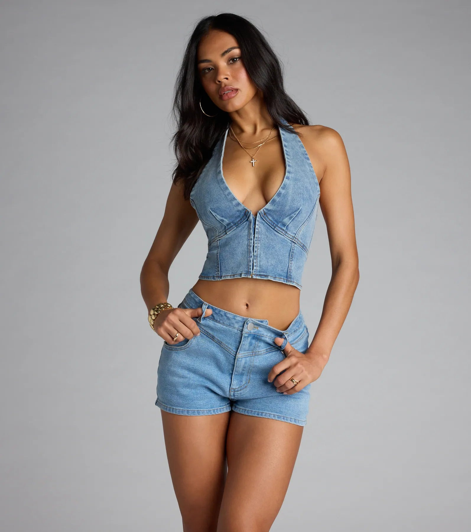 Serving Curves Denim Halter Corset Top | Windsor Stores