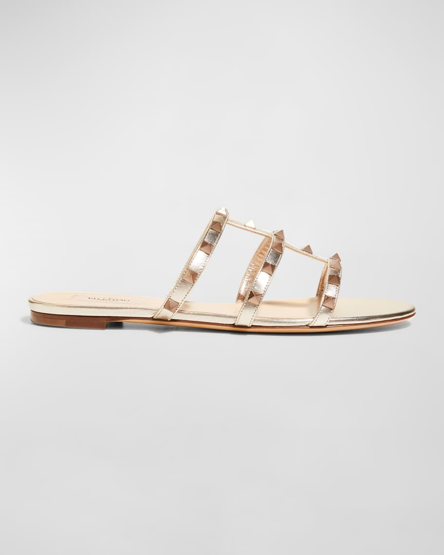 Valentino Garavani Rockstud Metallic City Flat Slide Sandals | Neiman Marcus