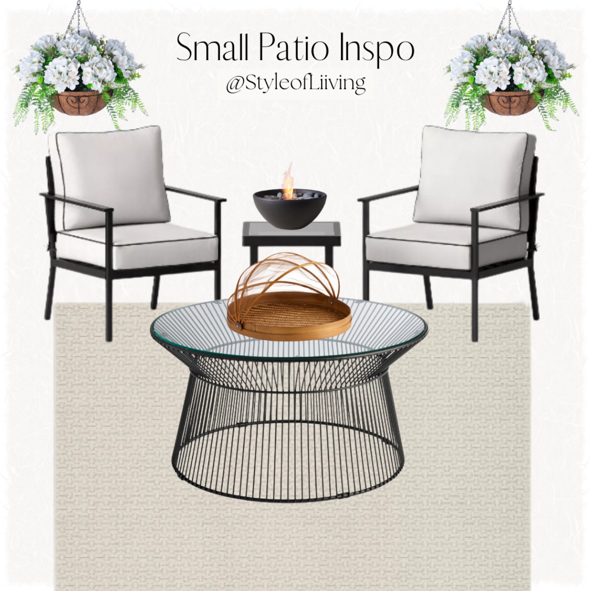 Small patio inspiration! Target conversation set. World Market round coffee table. Faux hydrangea flowers in hanging planters, area rug, serveware tray, tabletop fire pit. Home decor and outdoor furniture.

#LTKStyleTip #LTKHome #LTKSeasonal