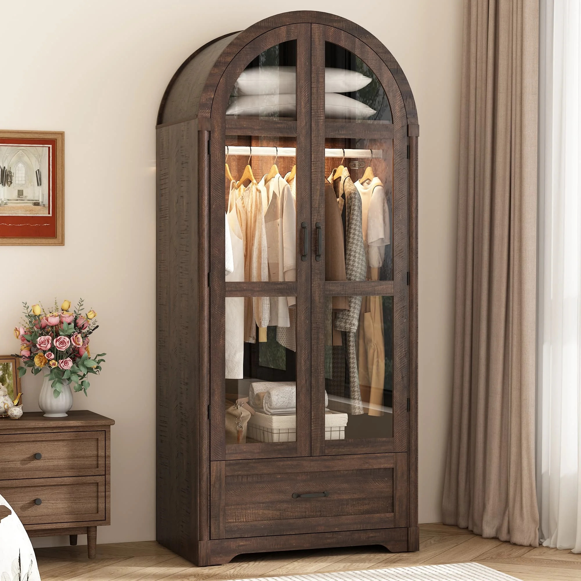71"H Arched Armoire Wardrobe Closet for Bedroom w/ Glass Door & LED Sensor Light, Wooden Wardrobe... | Walmart (US)