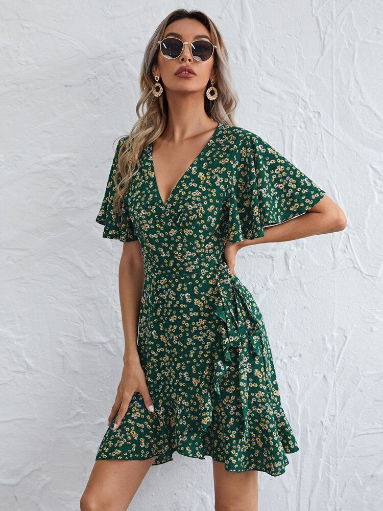 SHEIN Flutter Sleeve Wrap Tie Front Ditsy Floral Dress | SHEIN