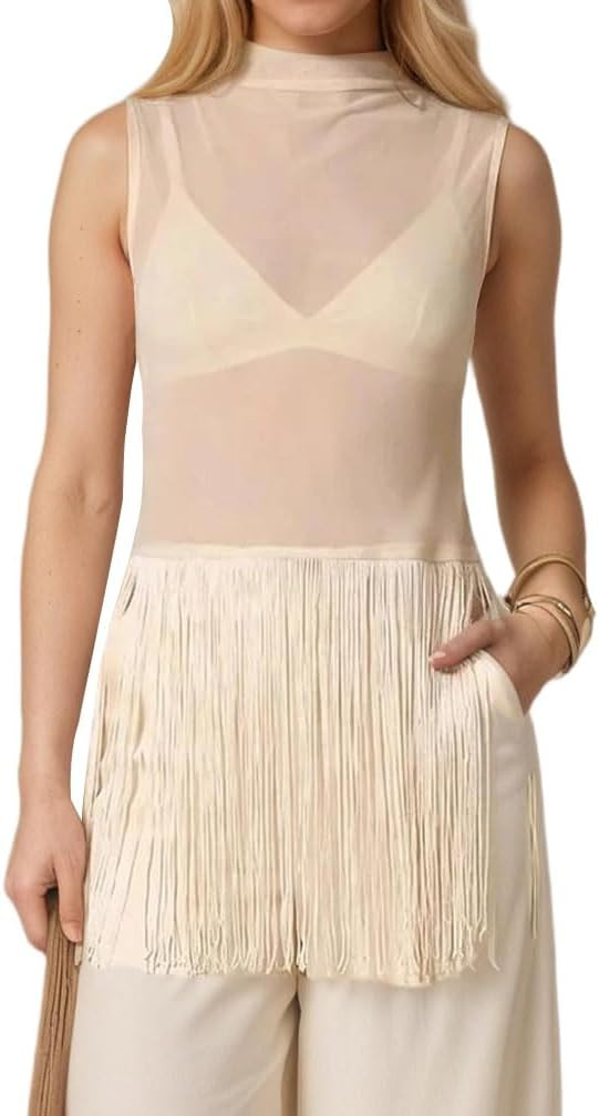 Women Y2k Mock Neck Fringe Trim Sheer Mesh Tank Shirt Slim Fit See Through Sleeveless Turtleneck Going Out Tops | Amazon (US)