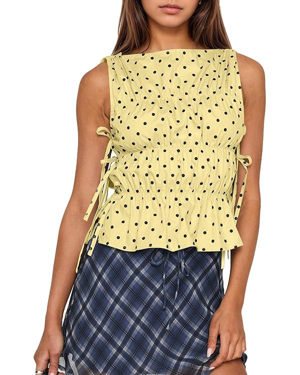 Women Polka Dot Sleeveless Peplum Tops Side Bow Tie Ruched Smocked Tank Tops Boat Neck Summer Goi... | Amazon (US)