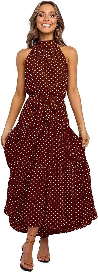 HYPOWELL Women's Casual Sleeveless Halter Neck Polka Dot Print Maxi Dress Summer Ruffle Long Dres... | Amazon (US)