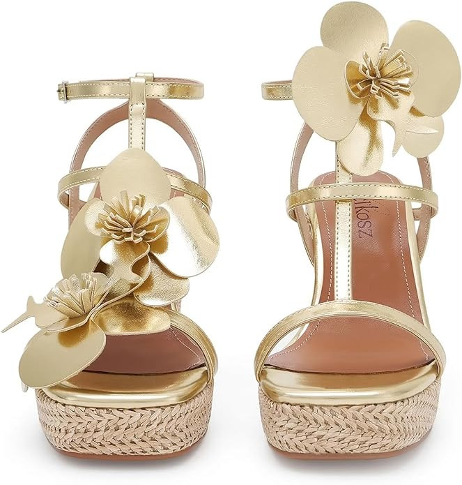 Floral High Heels Womens Strappy Sandals Wedding Bride Dressy Shoes Open Toe Ankle Strap Sandals | Amazon (US)