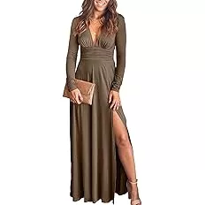 ANRABESS Women's Deep V Neck Short Sleeve Long Dresses Pleated High Waist Slit Club Party Evening Maxi Dress