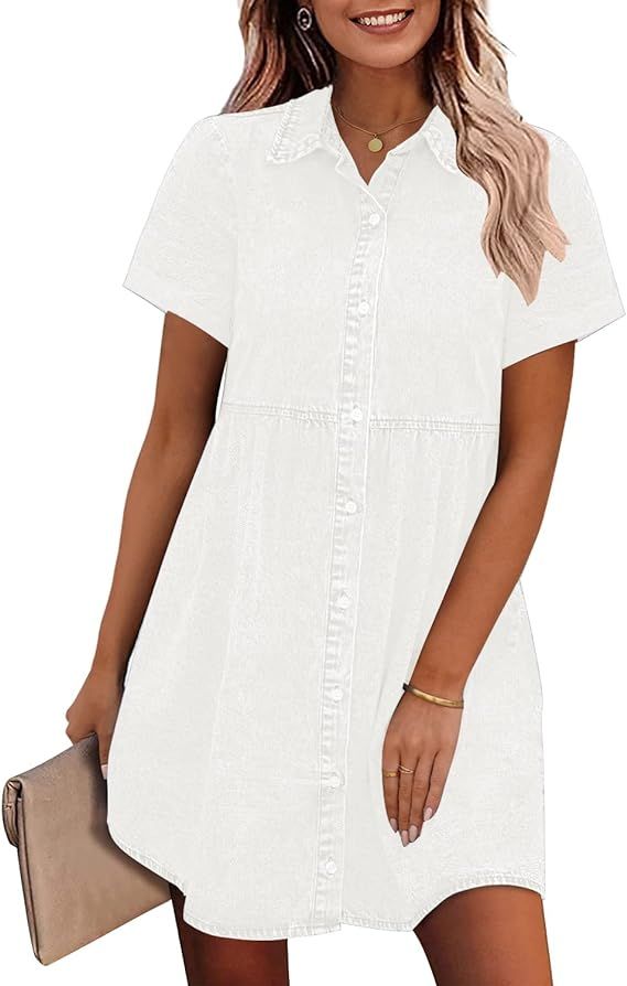 GRAPENT Denim Dress for Women Babydoll Tiered Short Sleeve Button Down Jean Shirt Dresses | Amazon (US)