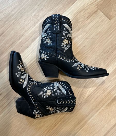 This pair of Embroidered western booties are too cute to pass up. They are surprisingly comfortable. Wear it at a concert or festival with a cute denim dress, long denim skirt, leather skirt. Pair it with a cool cowboy hat and you are ready to go!

#LTKFindsUnder100 #LTKSeasonal #LTKStyleTip