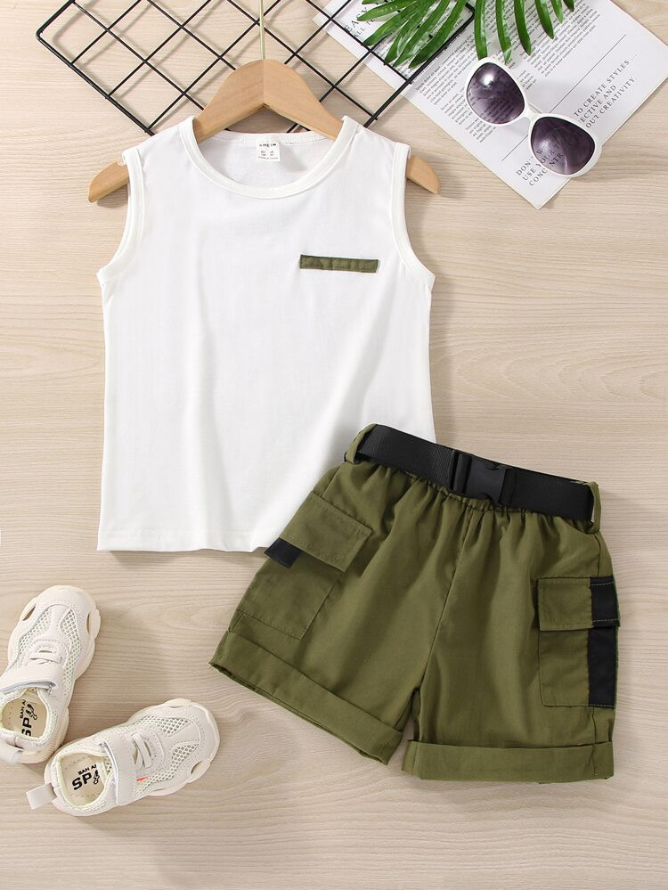 Toddler Boys Patched Detail Tank Top & Flap Pocket Belted Shorts | SHEIN