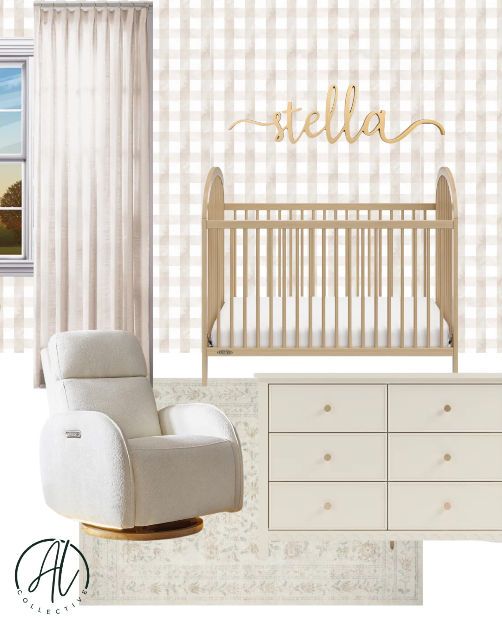 Nursery design. Mood board. Curtains. Wallpaper. Wall art. Crib. Dresser. Changing table. Chair. Rocking chair. Area rug. Glider. Home decor. Neutral design  

#LTKFamily #LTKHome
