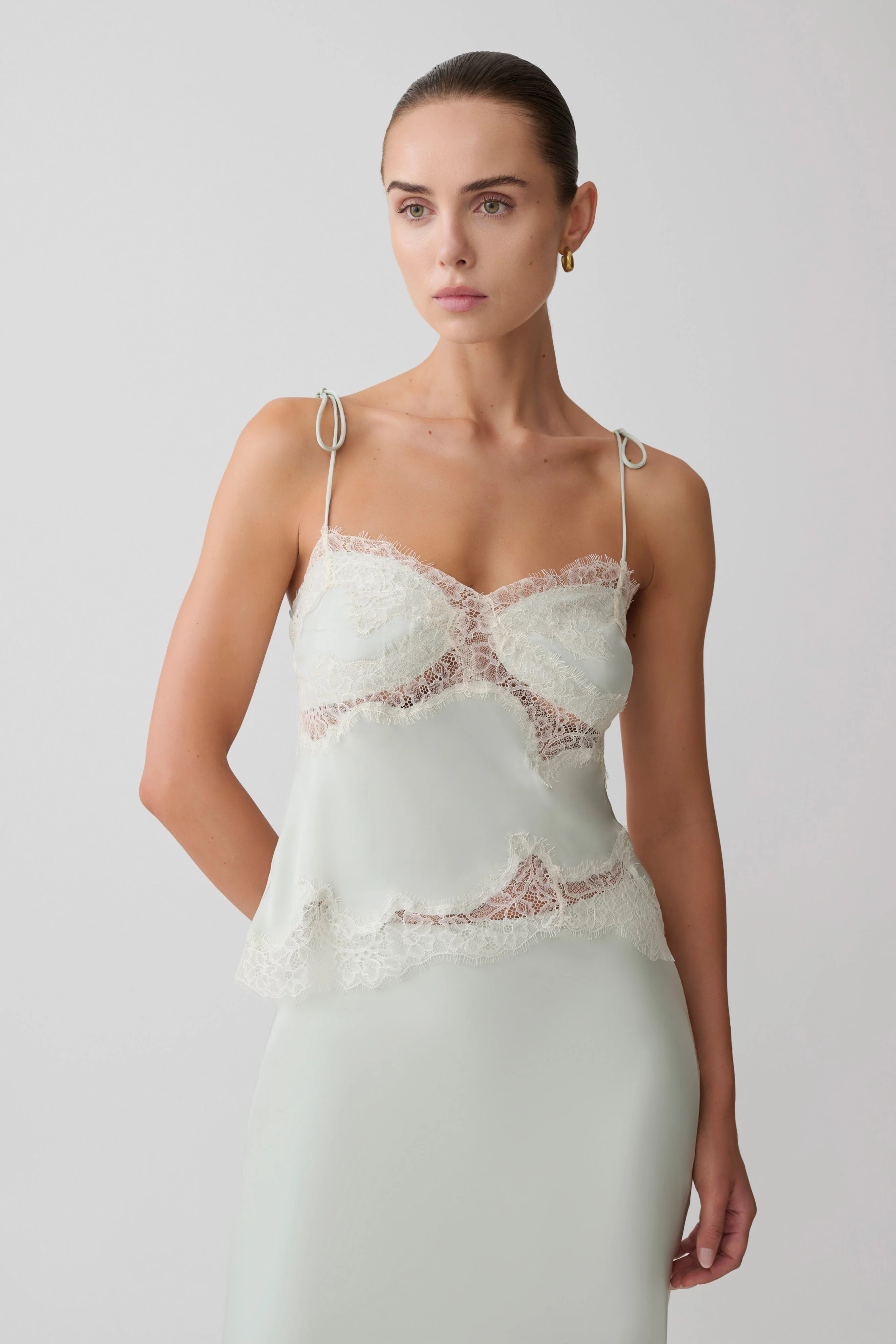 Nina Satin And Lace Camisole - Sage | Meshki UK