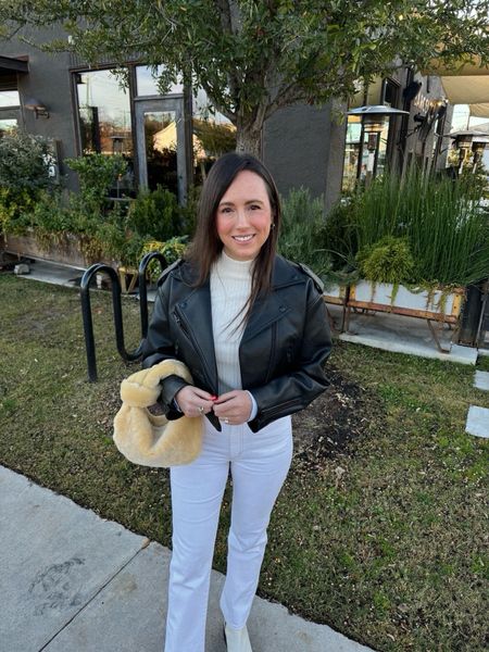 Date night outfit - blanknyc faux leather moto jacket (xs), Vince mock neck top (sized up to small), agolde pinch waist kick flare jeans (sized down to 24), marc fisher white lug Chelsea boots tts



#LTKSeasonal #LTKfindsunder100 #LTKstyletip