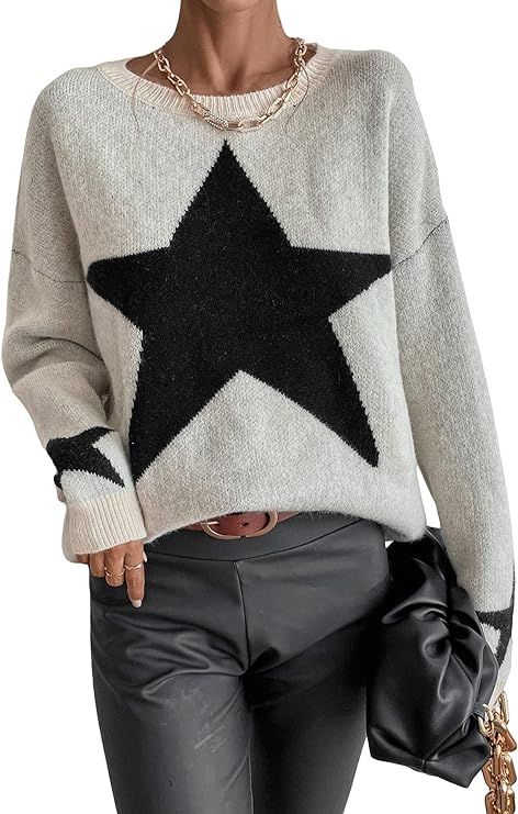 SOLY HUX Women's Star Print Long Sleeve Crewneck Sweater Drop Shoulder Pullover Tops | Amazon (US)