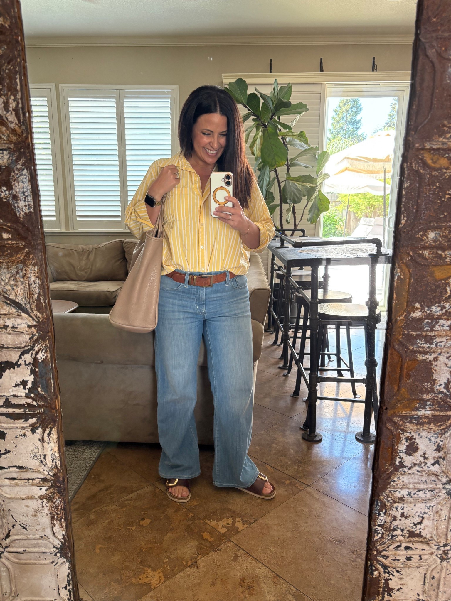 Easy, butter yellow button down shirt, wide leg jeans and Birkenstock Madrid big buckle sandals. 
Wearing a small in my top and 27 in my jeans. 

Casual outfit 
Spring outfit
Teacher stylee

#LTKStyleTip #LTKOver40 #LTKPetite