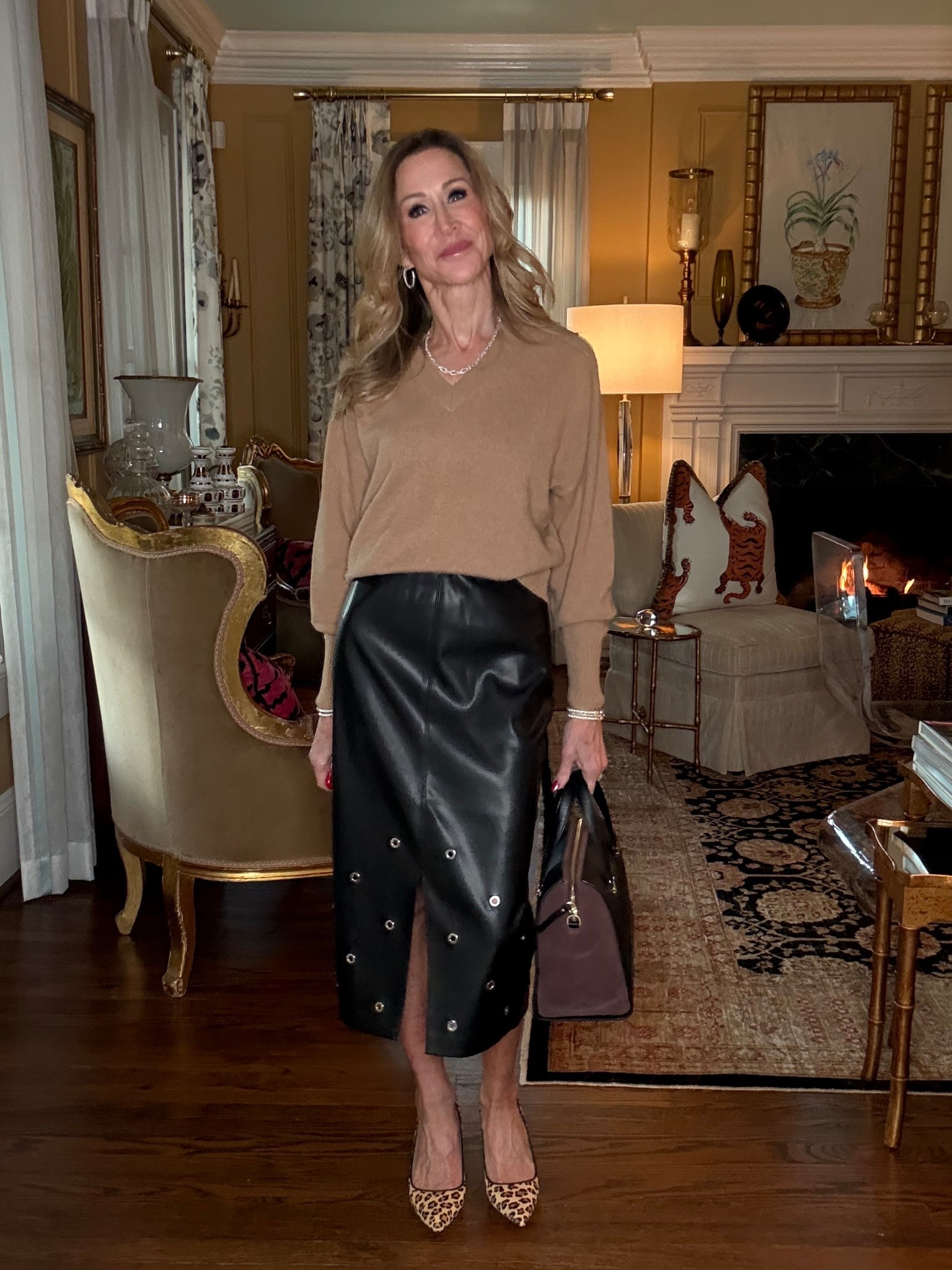 Easy seasonal look - camel v-neck sweater and Vegan leather skirt - both from Brochu Walker, an older Kate Spade bag and leopard pumps from Ally Shoes!  These are versatile pieces that you’ll wear often and sweaters from Brochu Walker make great gifts that last forever!


#LTKGiftGuide #LTKShoeCrush #LTKStyleTip
